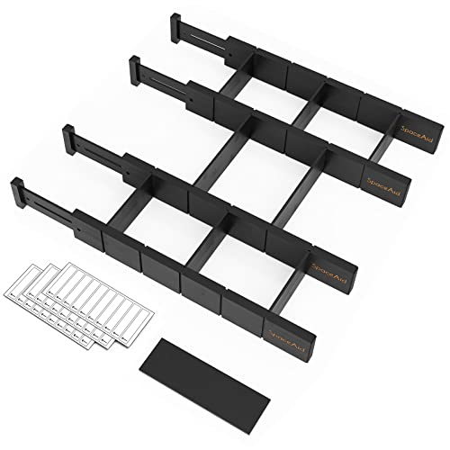 SpaceAid Bamboo Drawer Dividers with Inserts and Labels, Kitchen Adjustable Drawer Organizers, Expandable Organization for Home, Office, Dressers, 4 Dividers with 9 Inserts (17"-22" Black) - color: BLACK, size: 2.35''H, 17''-22''L, 4 Dividers