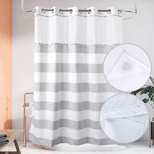 71“W x74”H Stripe Fabric Hook Free Shower Curtain with Polyester Magnet Snap-in Liner–Top See Through with Mesh Window Light Grey&White - color: White&light Grey, size: 71"W x 74"L (Pack of 1)