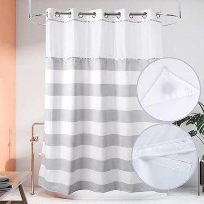 71“W x74”H Stripe Fabric Hook Free Shower Curtain with Polyester Magnet Snap-in Liner–Top See Through with Mesh Window Light Grey&White - color: White&light Grey, size: 71"W x 74"L (Pack of 1)