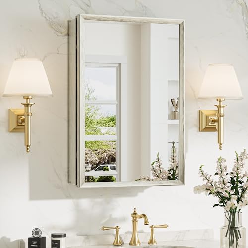 TokeShimi 16 x 24 Medicine Cabinet Mirror, Assembly Required, Brushed Nickel Mirror Medicine Cabinet Bathroom, Beveled Aluminum Frame, Wall Mounted or Recessed, Tempered Glass - color: Brushed Nickel, size: 16x24 in