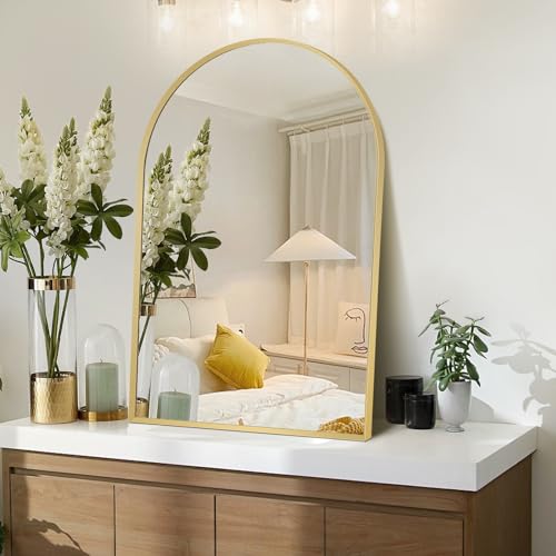 Gold Arched Mirror 22x30in, Metal Framed Bathroom Vanity Wall | Tempered Glass, Shatter Proof, Living Room Bedroom Entryway, Modern Elegant Design - color: Gold, size: 30"L x 22"W, style: Arched