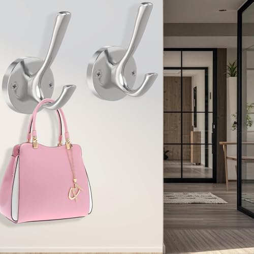 TOFIIGREM Brushed Nickel Robe Hooks Towel Hooks, 3 Pack Coat Hook Heavy Duty Mudroom Hook Double Bathrobe Hook Wall Mounted, Hat Hooks for Entryway Bathroom Kitchen Closet - color: Silver, size: 3 Pack