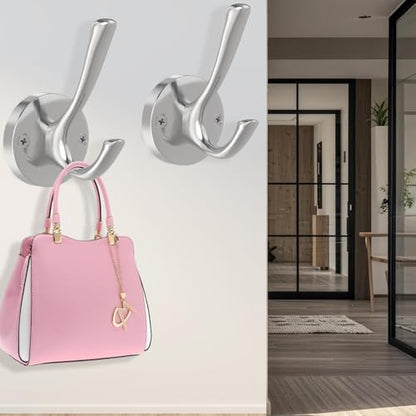 TOFIIGREM Brushed Nickel Wall Hooks, 4 Pack Heavy Duty Coat Towel Hook Metal Double Hook Wall Mounted Hanging, Bath Towel Hooks for Entryway Cubicle Bathroom Closet Garage - color: Silver, size: 4 Pack