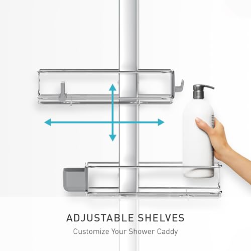 simplehuman X-Large Adjustable Hanging Shower Caddy, Handheld Showerhead Compatible, Family-Size Bathroom Organizer with 12-Inch Extended Neck, Adjustable Shelves, Rust-Proof Stainless Steel - style: Extra-Large