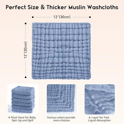 Unnivoll Muslin Burp Cloths Baby 12''X12'', Baby Washcloths 6 Pack, 100% Cotton Baby Wash Cloths Absorbent and Soft for Newborn Infants Kids Boys Girls - Sapphire Blue - color: Sapphire Blue
