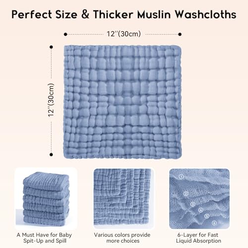 Unnivoll Muslin Burp Cloths Baby 12''X12'', Baby Washcloths 6 Pack, 100% Cotton Baby Wash Cloths Absorbent and Soft for Newborn Infants Kids Boys Girls - Sapphire Blue - color: Sapphire Blue