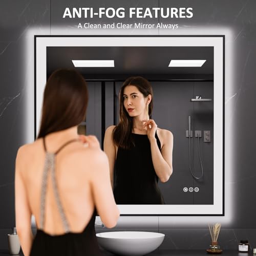 LOAAO 40"X38" LED Bathroom Mirror Black Framed | Anti-Fog, Dimmable, Memory Function, Tempered Glass, Lighted Vanity Mirror for Wall - size: 40"L x 38"W