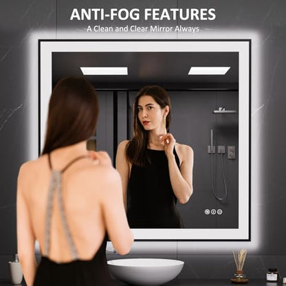 LOAAO 40"X38" LED Bathroom Mirror Black Framed | Anti-Fog, Dimmable, Memory Function, Tempered Glass, Lighted Vanity Mirror for Wall - size: 40"L x 38"W