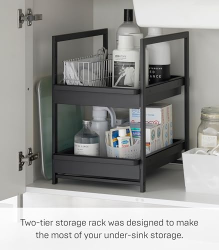 Yamazaki Home Under-Sink Rack, Two-Tier with Pull-Out Shelf, Steel, Black | Versatile under-sink rack features a two-tier organization system with sliding drawers. Adds practical everyday storage. - color: Black