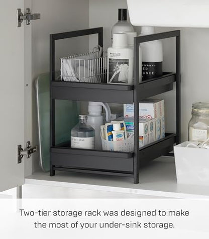 Yamazaki Home Under-Sink Rack, Two-Tier with Pull-Out Shelf, Steel, Black | Versatile under-sink rack features a two-tier organization system with sliding drawers. Adds practical everyday storage. - color: Black