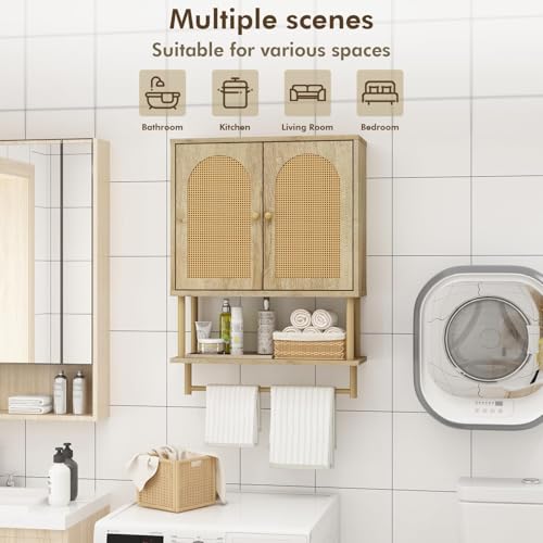 RUSTOWN Rattan Bathroom Wall Cabinet, Modern Boho Medicine Cabinets, Medium | 2 Arched Rattan Doors, Adjustable Shelf, Towel Bar Rack, Over The Toilet Storage Cabinet for Bathroom, Living Room, Kitchen - size: Medium