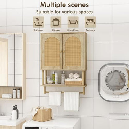 RUSTOWN Rattan Bathroom Wall Cabinet, Modern Boho Medicine Cabinets, Medium | 2 Arched Rattan Doors, Adjustable Shelf, Towel Bar Rack, Over The Toilet Storage Cabinet for Bathroom, Living Room, Kitchen - size: Medium