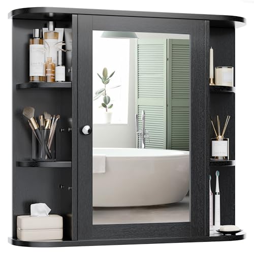 Bathroom Mirror Cabinet Wall Mounted, Bathroom Medicine Cabinet with Mirror and 6 Open Shelves, Modern Wall Cabinet, Black - color: Black