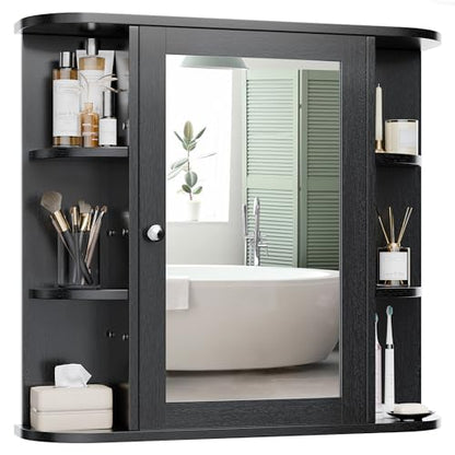 Bathroom Mirror Cabinet Wall Mounted, Bathroom Medicine Cabinet with Mirror and 6 Open Shelves, Modern Wall Cabinet, Black - color: Black