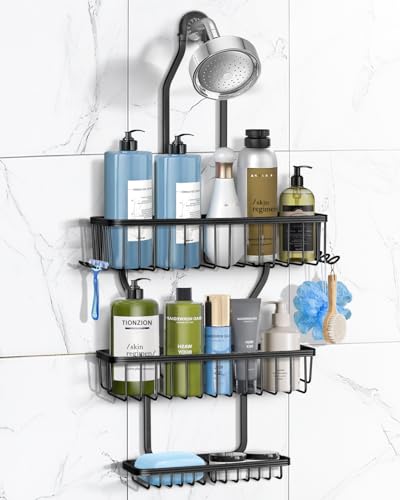 Shower Caddy Hanging - Never Rust Shower Hanging Organizer - Aluminum Over the ShowerHead Caddy with Soap Basket and 6 Hooks for Razor/Sponge (Black) - color: Black