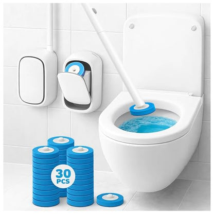 CiLoN 30 Pack Disposable Toilet Bowl Brush & Holder Set with Auto-Open Lid | Wall-Mounted Disposable Toilet Cleaning Set For Touch-Free Space-Saving Hygienic Modern Bathrooms (Starter Kit + 30 Sponge) - size: Starter Kit + 30pcs Refill Heads