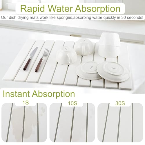Large Stone Dish Drying Mat for Kitchen Counter, 24"(L)×16"(W), Collapsible Quick Dry Diatomaceous Earth Mat, Super Absorbent Drying Pad for Dishes Bottles Cups Utensils, Heat Resistant (White)