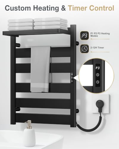 6-Bar Wall Mounted Heated Towel Rack, 170°F Heating Black | Bathroom Towel Warmer with Top Shelf, Memory Function, Adjustable 110–170°F Temperature, 2–12H Timer, Space Saving Design - color: Black, size: ZW 6-Bars