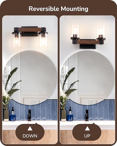 EDISHINE 2-Light Painted Wood Wall Sconces, Farmhouse Vanity Light Fixture | Clear Glass Shade, Up & Down Mounting Optional, E26 Base, Rustic Charm, Waterproof for Bedroom, Powder Room - size: 2-Light with Clear Glass Shade