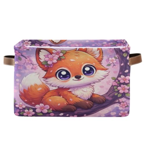 Fox Cherry Blossom Storage Baskets 1 Pack | Collapsible Open Home Storage Bin with Handle for Home Bedroom Cloth