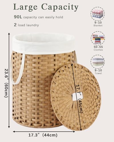 SETVSON Laundry Hamper with Lid 23.8 Gal (90 L) PE Rattan, Natural | 90L 23.8 Gal Round PE Rattan Hamper with Lid, Removable Washable Liner Bag, 2 Mesh Wash Bags, Steel Frame, Handles - color: Natural, size: 90 L