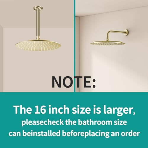 All Metal Rain Shower Head - Heavy Duty Stainless Steel, Easy Install, High Water Flow, Ultra-Thin Modern Design for Bathroom (F-Brushed Gold, 16) - color: Brushed Gold, size: 16