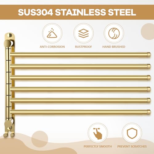 Teenyyou 20.4 Inches Swivel Towel Rack 304 Stainless Steel 6 Arms Bathroom Towel Rack Hanger Pool Holder Wall Mounted Swivel Bar Space Saving with Hook(Gold) - color: Gold, size: 20.4 Inches, style: 6 Arms