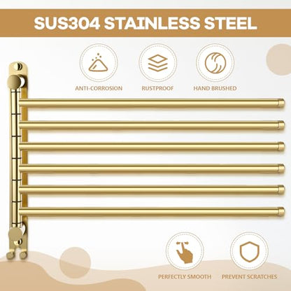 Teenyyou 20.4 Inches Swivel Towel Rack 304 Stainless Steel 6 Arms Bathroom Towel Rack Hanger Pool Holder Wall Mounted Swivel Bar Space Saving with Hook(Gold) - color: Gold, size: 20.4 Inches, style: 6 Arms