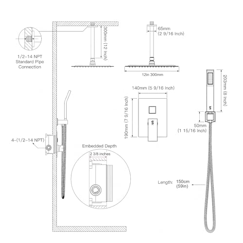 12 Inch Ceiling Mount Shower System Matte Black Rain Mixer Shower Combo Set High Pressure Rainfall Shower Head System Bathroom Luxury Shower Faucet Set Rough-in Valve and Shower Trim Included - color: Matte Black, style: 12 Inch-Update Valve