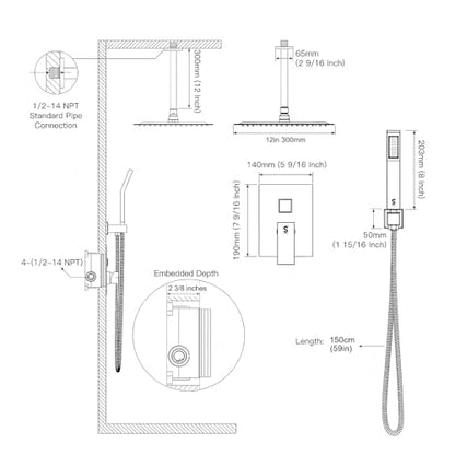 12 Inch Ceiling Mount Shower System Matte Black Rain Mixer Shower Combo Set High Pressure Rainfall Shower Head System Bathroom Luxury Shower Faucet Set Rough-in Valve and Shower Trim Included - color: Matte Black, style: 12 Inch-Update Valve
