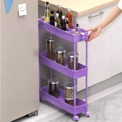 Slim Storage Cart 3 Tier,Bathroom Organizer Rolling Utility,Mobile Shelving Unit Slide Out for Office, Kitchen, Laundry Room & Narrow Places,Purple - color: Purple