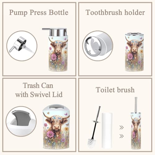 6 Piece Bathroom Accessories Set Highland Cow Rustic Farmhouse Animal Nature Flower Landscape Abstract Trash can Toilet Brush Holder Toothbrush Holder Toothbrush Cup Soap Dispenser Soap Dish Boho