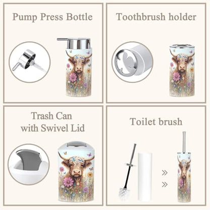 6 Piece Bathroom Accessories Set Highland Cow Rustic Farmhouse Animal Nature Flower Landscape Abstract Trash can Toilet Brush Holder Toothbrush Holder Toothbrush Cup Soap Dispenser Soap Dish Boho