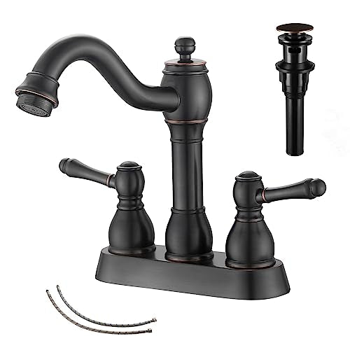 Oil Rubbed Bronze Bathroom Faucet 2 Handles 4 Inches Centerset RV Bathroom Vanity Faucet with Drain Assembly and Supply Hose Lavatory Faucet - color: Oil Rubbed Bronze, size: Centerset