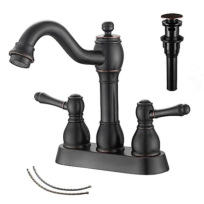 Oil Rubbed Bronze Bathroom Faucet 2 Handles 4 Inches Centerset RV Bathroom Vanity Faucet with Drain Assembly and Supply Hose Lavatory Faucet - color: Oil Rubbed Bronze, size: Centerset