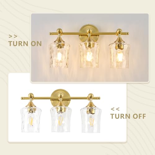 3-Light Bathroom Vanity Light Fixture Over Mirror, Brushed Gold | Clear Hammered Glass Shades, Beaded Crossbar Frame, Rippled Glow, Wall Mount Up or Down, E26 Socket, Hardwired, 120V - color: Brushed Gold