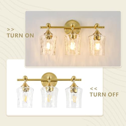 3-Light Bathroom Vanity Light Fixture Over Mirror, Brushed Gold | Clear Hammered Glass Shades, Beaded Crossbar Frame, Rippled Glow, Wall Mount Up or Down, E26 Socket, Hardwired, 120V - color: Brushed Gold