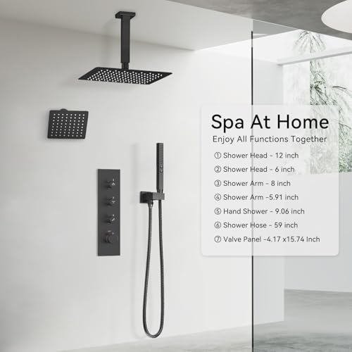 Shower Faucet Set,Thermostatic Shower System,12 Inch Ceiling Mounted and 6 Inch Wall Mount Rain Shower Head with 2 in 1 Handhled,High Pressure Dual Shower Head Combo Set Matte Black - color: Matte Black, size: 12"-1