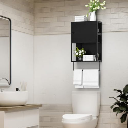 ETELI Small Bathroom Wall Cabinet Bathroom Storage Cabinet Wall Mounted with Door 3 Tier Medicine Cabinet Hanging Bathroom Storage Shelf Over Toilet with Towel Bar for Small Space Bathroom, Black