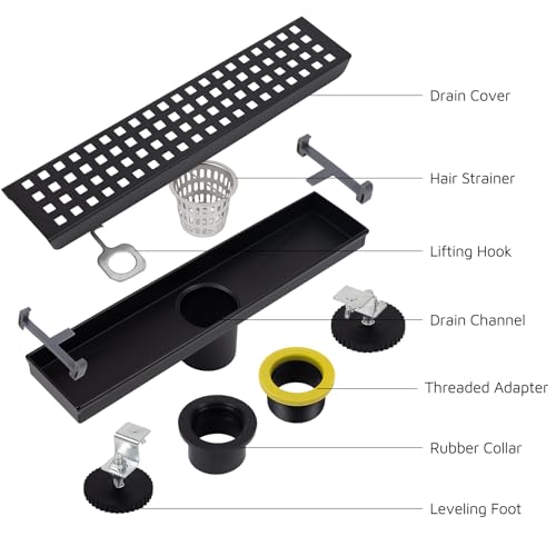 12 Inch Linear Shower Drain Matte Black, Rectangular Shower Floor Drain Kit 304 Stainless Steel, Removable Grid Grate, Hair Catcher, Leveling Feet - color: Matte Black, size: 3"x 12"-Grate