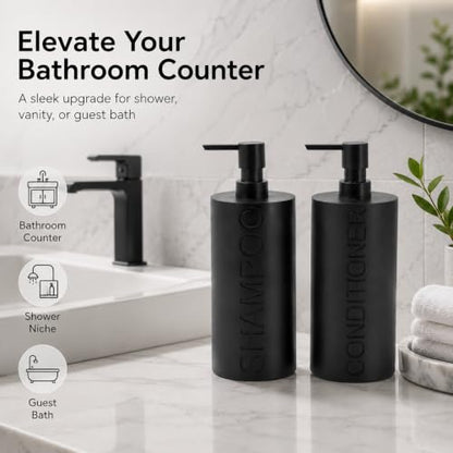 2-Pack Matte Black Resin Refillable Shampoo & Conditioner Bottles – Modern Bathroom Pump Dispenser Set, Durable Resin Shower Containers with Embossed Labels, Reusable Pump Bottle - color: 2pack Black Shampoo and Conditioner Set