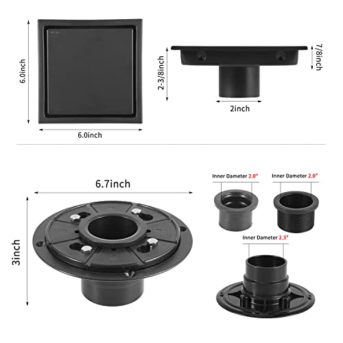 EXF Square Shower Drain 6 Inch Matte Black with Tile Insert Grate | 304 Stainless Steel, ABS Flange, Debris Strainer, Adjustable Height - color: Matte Black, size: 6 IN