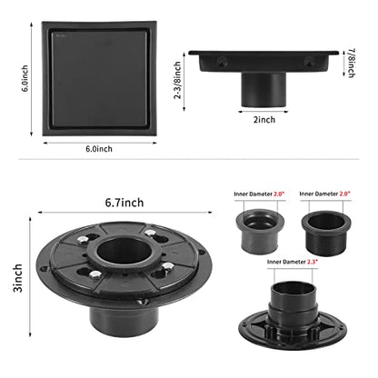 EXF Square Shower Drain 6 Inch Matte Black with Tile Insert Grate | 304 Stainless Steel, ABS Flange, Debris Strainer, Adjustable Height - color: Matte Black, size: 6 IN