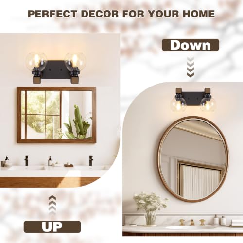 Farmhouse Bathroom Vanity Light, 2-Light Wood Bathroom Light Fixtures Over Mirror, Black Vanity Lighting Fixtures with Glass Shades, Rustic Bathroom Lighting for Living Room Bedroom Hallway - size: 2-Light