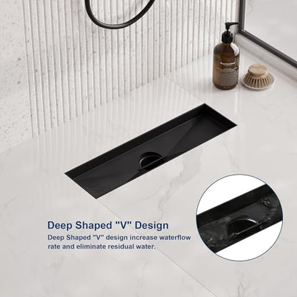 Neodrain 12" Matte Black Linear Shower Drain,2-in-1 Flat& Tile Insert Cover | 304 Stainless Steel,Fast Drainage, Durable,Rectangle Shower Floor Drain with Adjustable Feet,Hair Strainer,Fits Bathrooms - color: Matte Black, size: 12 In