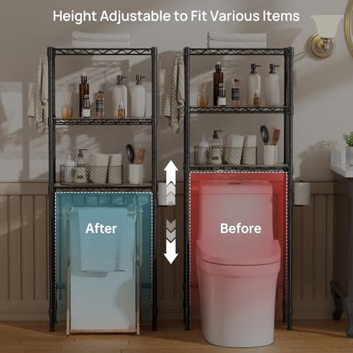 Over The Toilet Storage Shelf 3-Tier Bathroom Organizer and Storage Shelf | with Adjustable Shelf and Basket Freestanding Space Saver Above Toilet for Room Black