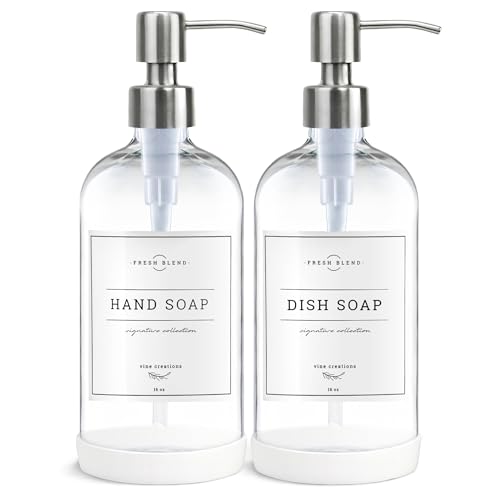 Vine Creations Clear Glass Soap Dispenser, 2 Pack Kitchen Soap Dispenser Set with Stainless Steel Pump, 16 oz Hand Soap or Dish Soap for Bathroom or Kitchen with Waterproof Labels - color: Clear Bottle / Silver Pump