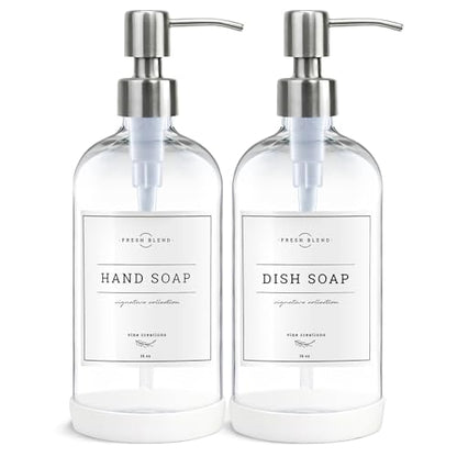 Vine Creations Clear Glass Soap Dispenser, 2 Pack Kitchen Soap Dispenser Set with Stainless Steel Pump, 16 oz Hand Soap or Dish Soap for Bathroom or Kitchen with Waterproof Labels - color: Clear Bottle / Silver Pump