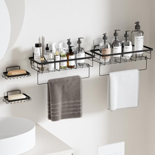 4-Pack Adhesive Bathroom & Kitchen Organizer Rack with Soap Holder | Large Capacity Rustproof Storage Shelf for Home Decor