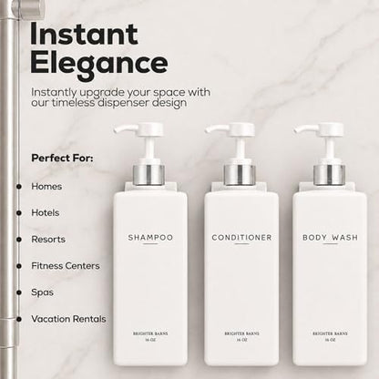 Luxury Shampoo and Conditioner Dispenser Set Wall Mounted by Brighter Barns - Shower Bottles 3 Chamber No Drill - Refillable Shampoo Dispenser for Shower Wall, Vacation Home, Spa, Hotel (White/Silver) - color: White/Silver
